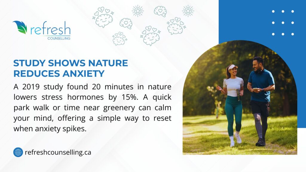 Couple walking in a park, with a 2019 study showing 20 minutes in nature lowers stress hormones by 15%, aiding anxiety relief.