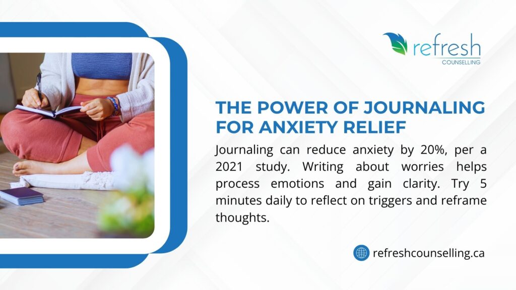 Woman journaling, showing anxiety relief benefits with a 20% reduction per a 2021 study, suggesting 5 minutes daily to reflect.