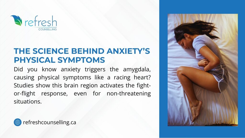 Person lying in bed, illustrating anxiety's physical symptoms triggered by the amygdala, causing a racing heart, per studies.