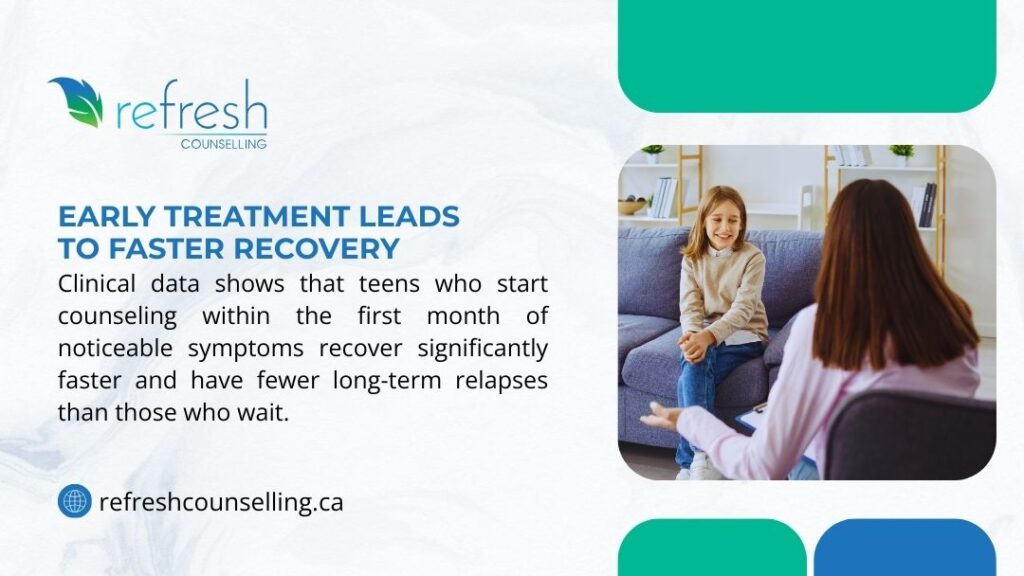 A smiling teenager talking to a counselor in a therapy session, highlighting the benefit of early treatment for faster recovery from mental health symptoms.