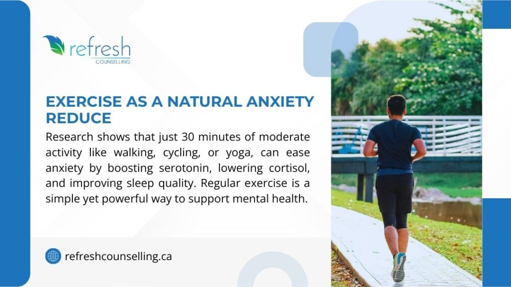 Man jogging outdoors on a sunny day with text overlay promoting exercise as a natural way to reduce anxiety and improve mental health.