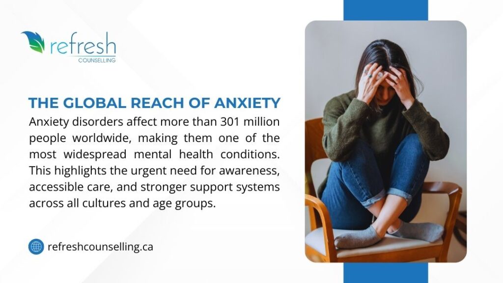 Woman sitting on a chair holding her head in distress, representing the global reach of anxiety and the widespread impact of anxiety disorders worldwide.