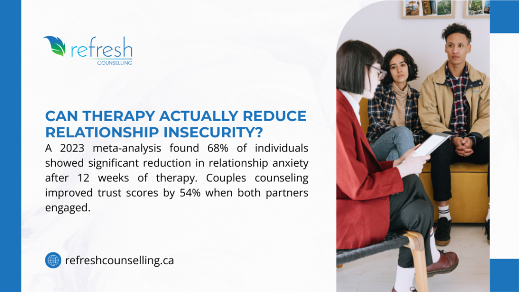 Therapy reducing relationship insecurity with 68% showing improvement after 12 weeks, couples counseling session improving trust scores..