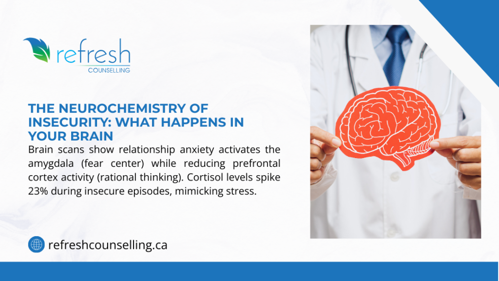 Neurochemistry of insecurity showing brain activity during relationship anxiety, with amygdala activation and cortisol spike effects.