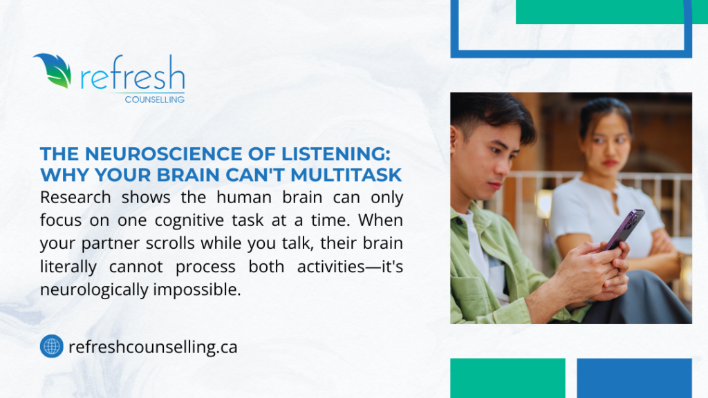 Couple demonstrating distracted listening with phone use, illustrating neuroscience of why the brain can't multitask