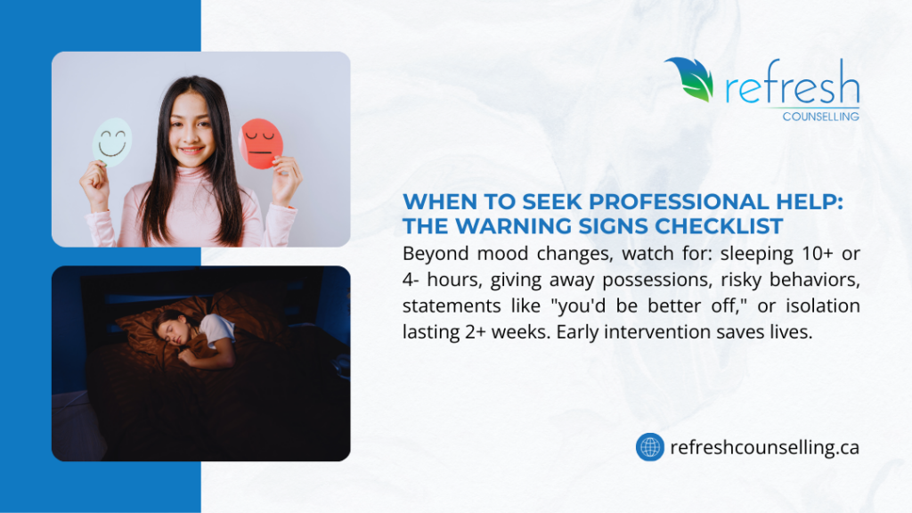 Teen holding happy and sad face cards and girl sleeping, illustrating mental health warning signs requiring professional help